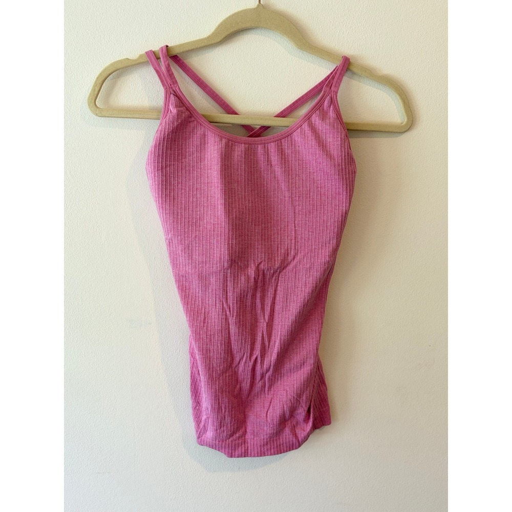 CRZ YOGA Strappy Pink Ribbed Workout Tank Top Built-in Bra XS 0/2
